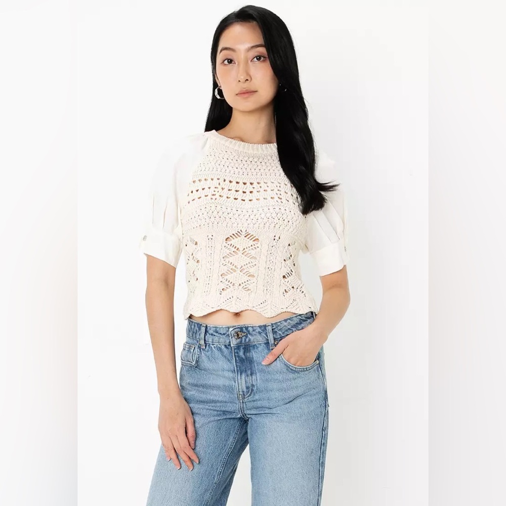 Zara Boho Crochet Puff Sleeve Blouse Contemporary Minimalist Coastal Feminine
